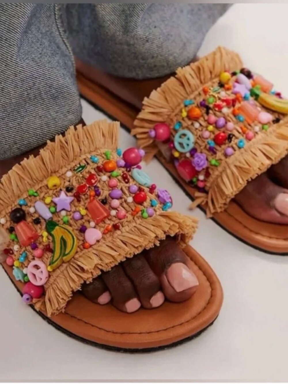 Free People Shipwrecked Slides Sandals Open Toe Fringe Beaded Shoes Tan Size 7